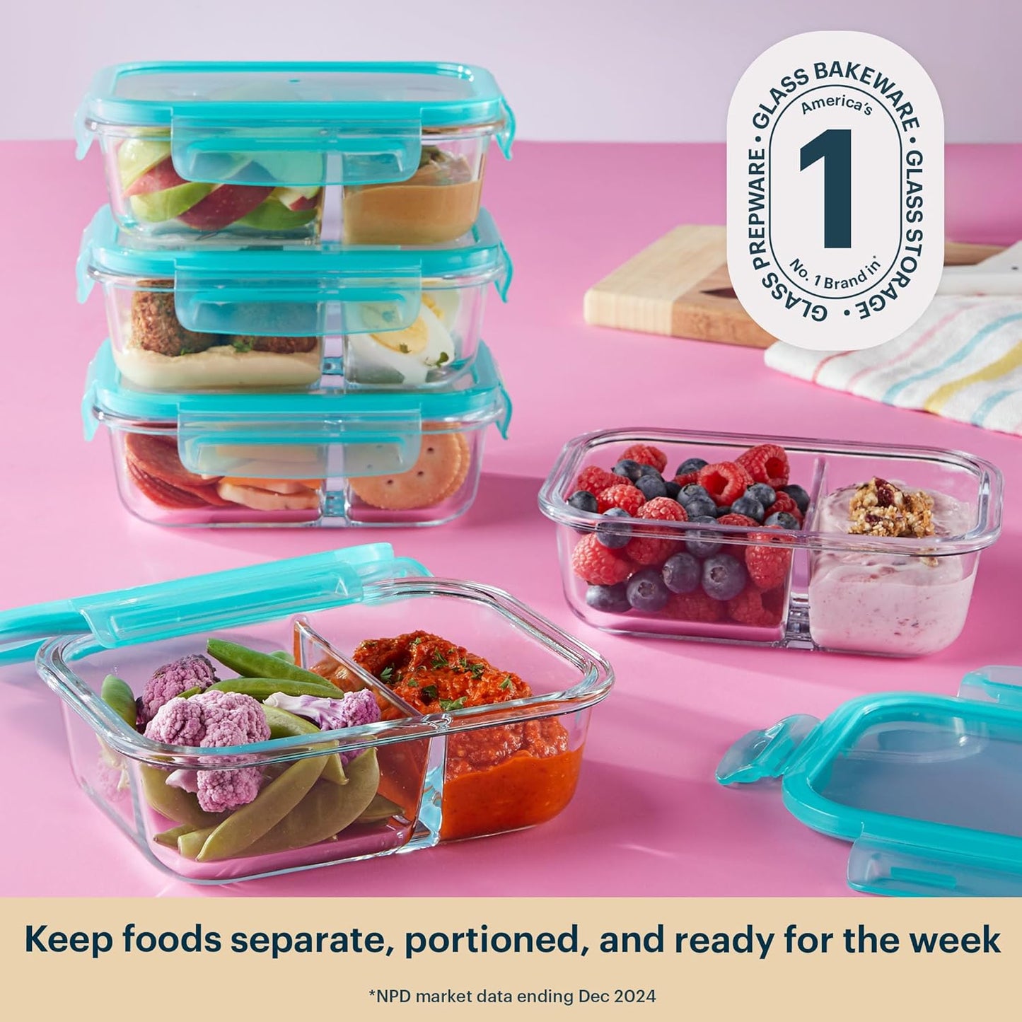 Pyrex Glass Meal Box (5-Pack, 2.3 Cup) Divided Compartments with Locking Lids, For Meal Prepping and Portioning, BPA Free Microwave Dishwasher Safe
