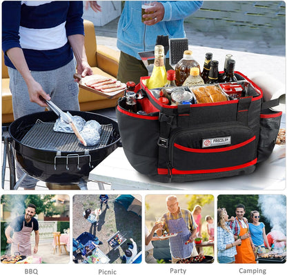 Large BBQ Organizer with Molded Hard Base, Compatible with Blackstone Outdoor Utensil Bag for Camping, Picnic & Tailgating, Portable Cooking Accessories Tote, Gift for Men
