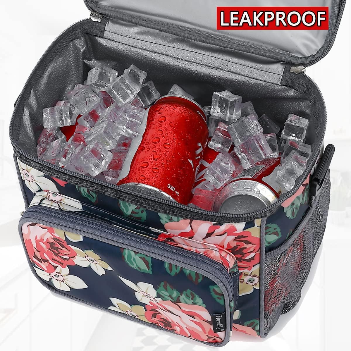 FlowFly Insulated Reusable Lunch Bag Adult Large Lunch Box for Women and Men with Adjustable Shoulder Strap,Front Zipper Pocket and Dual Large Mesh Side Pockets,Cherry - Colors B