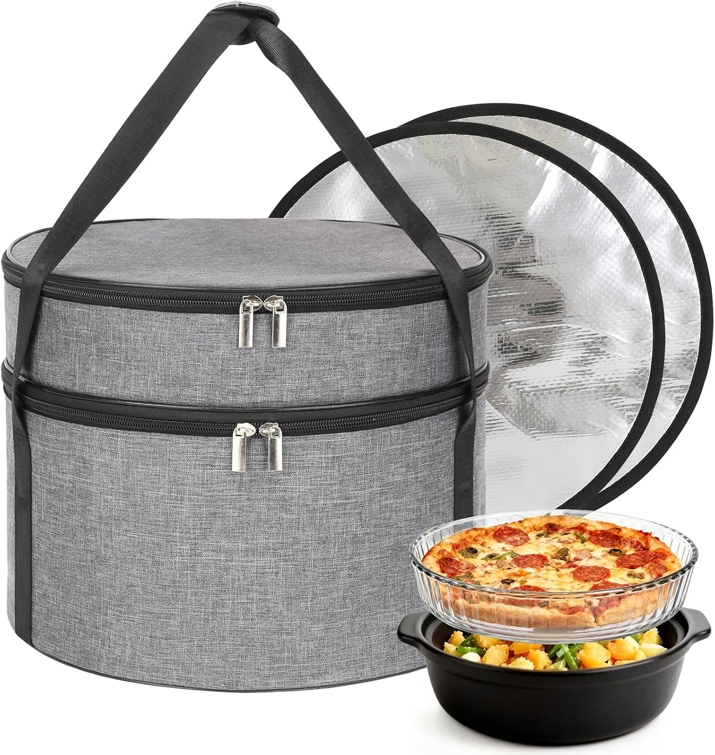 Insulated Casserole Carrier for Hot or Cold Food, Round Pie Carrier with Metal Support, Dish Carrier Food Container, Transport Pie Holders Pie Carrying Case, 2 Tiers, Gray