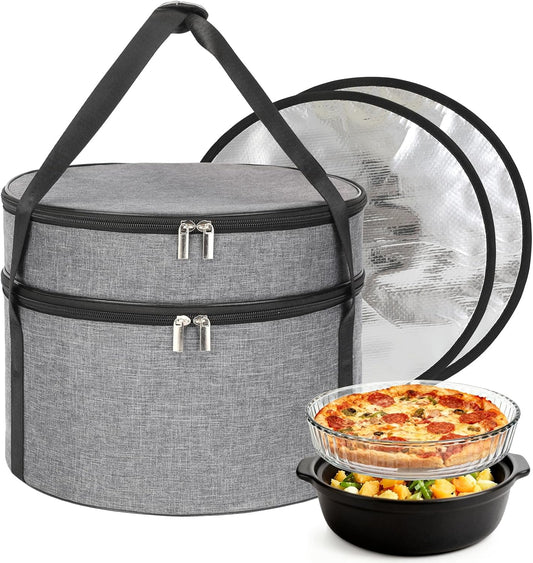 Insulated Casserole Carrier for Hot or Cold Food, Round Pie Carrier with Metal Support, Dish Carrier Food Container, Transport Pie Holders Pie Carrying Case, 2 Tiers, Gray