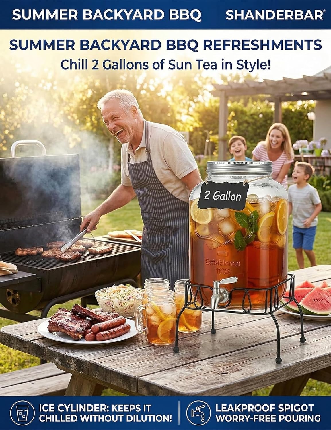 2 Gallon Glass Drink Dispenser with Stand, Ice Cylinder,Stainless Steel Leakproof Spigot and Lid,Glass Beverage Dispenser for Parties,Mason Jar Drink Dispenser for Juice,Sun Tea,Water,Lemonade & More