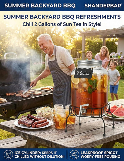 2 Gallon Glass Drink Dispenser with Stand, Ice Cylinder,Stainless Steel Leakproof Spigot and Lid,Glass Beverage Dispenser for Parties,Mason Jar Drink Dispenser for Juice,Sun Tea,Water,Lemonade & More