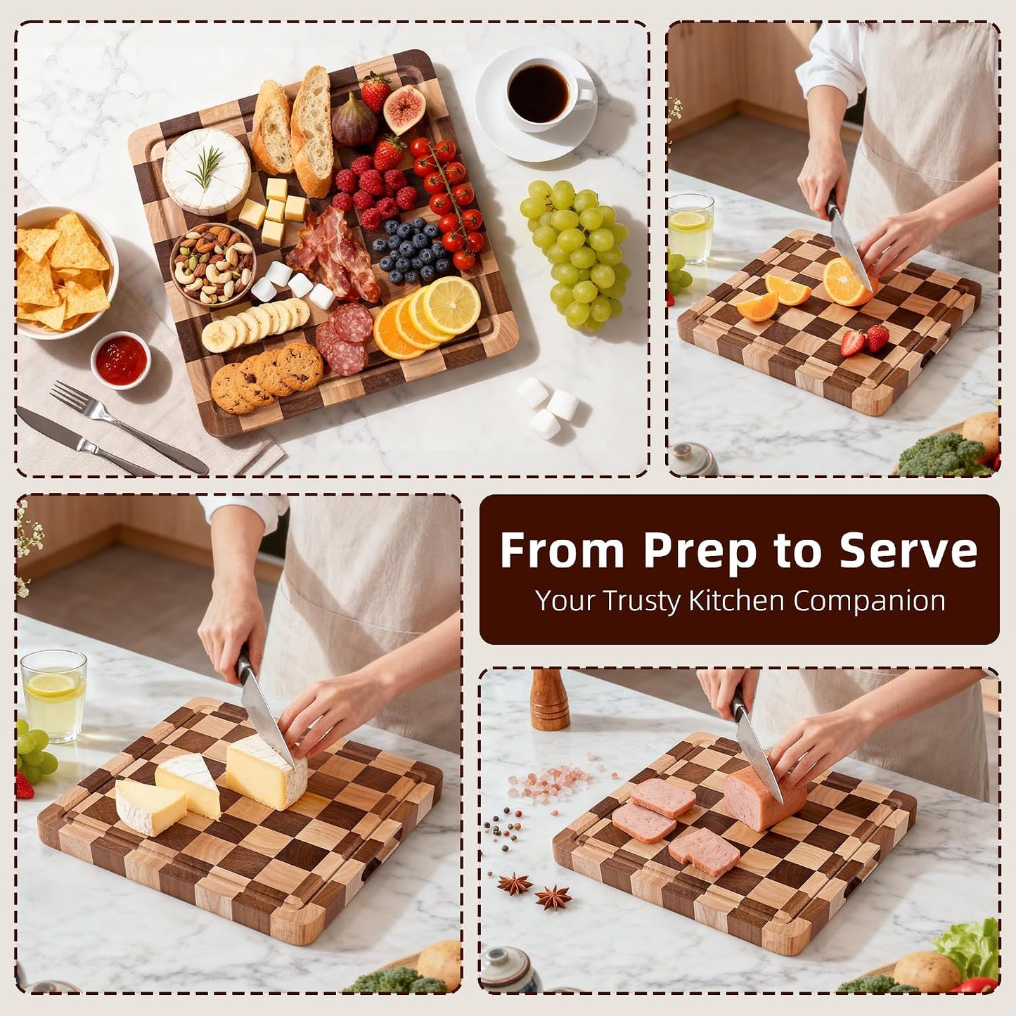 Cutting Board Set of 2 – Checkered Wood & Acrylic Cutting Board with Counter Lip for Kitchen Counter, Wood Checkerboard Chopping Board with Juice Grooves for Vegetables, Fruits, Meat