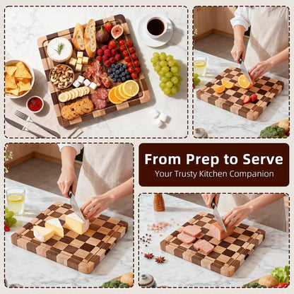Cutting Board Set of 2 – Checkered Wood & Acrylic Cutting Board with Counter Lip for Kitchen Counter, Wood Checkerboard Chopping Board with Juice Grooves for Vegetables, Fruits, Meat