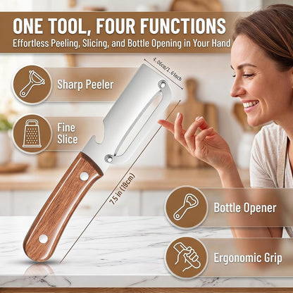3-in-1 Stainless Steel Vegetable Peeler & Julienne Cutter with Bottle Opener - Multifunctional Kitchen Gadget for Fruits, Veggies, Camping & Daily Home Cooking(2-Pack) wooden