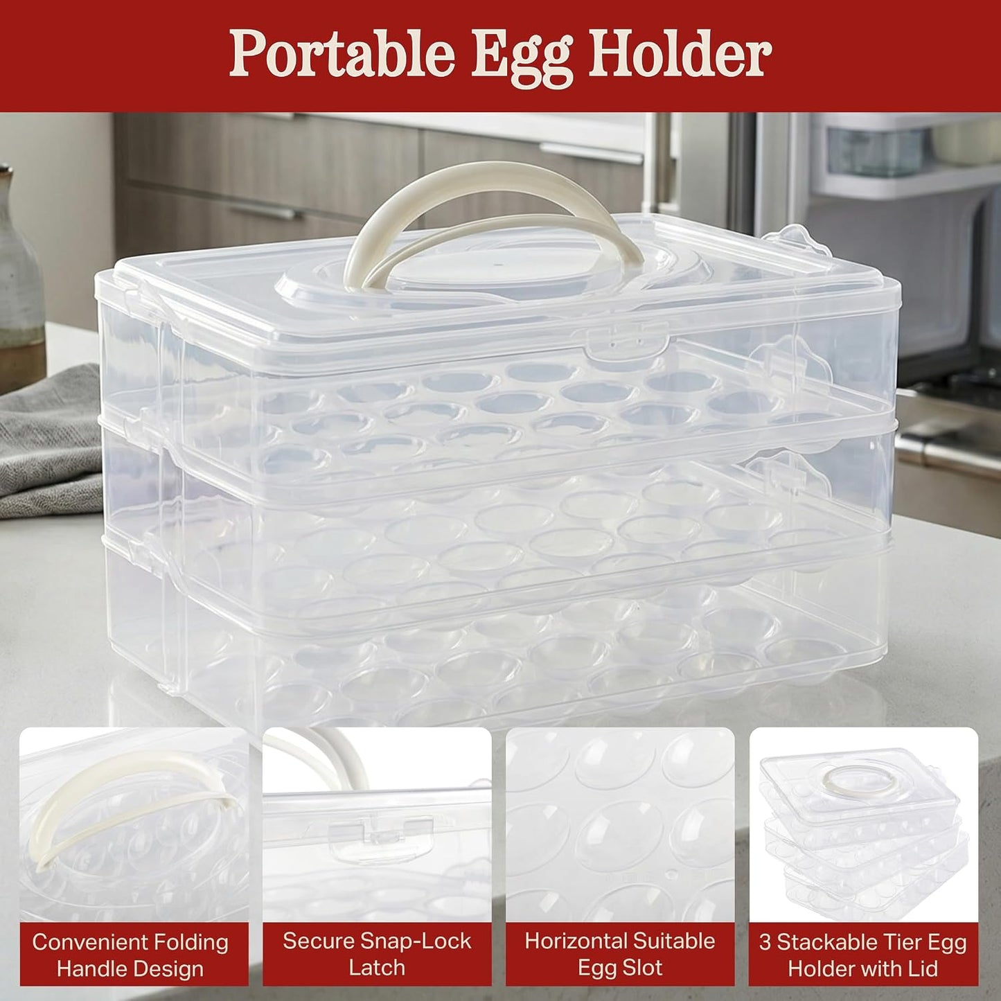 Egg Container for Refrigerator - Large-Capacity Egg Holder with Lid and Handle - Carrier for 72 Fresh, Store Bought or Deviled Eggs by Classic Cuisine