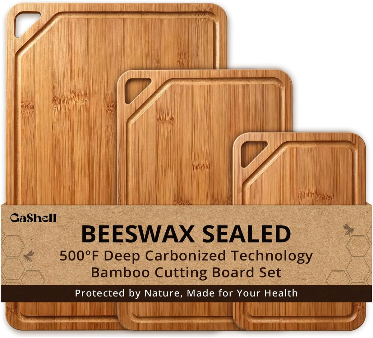 GASHELL Bamboo Cutting Board Set with Beeswax Coating for Kitchen(S+M+L+XL)