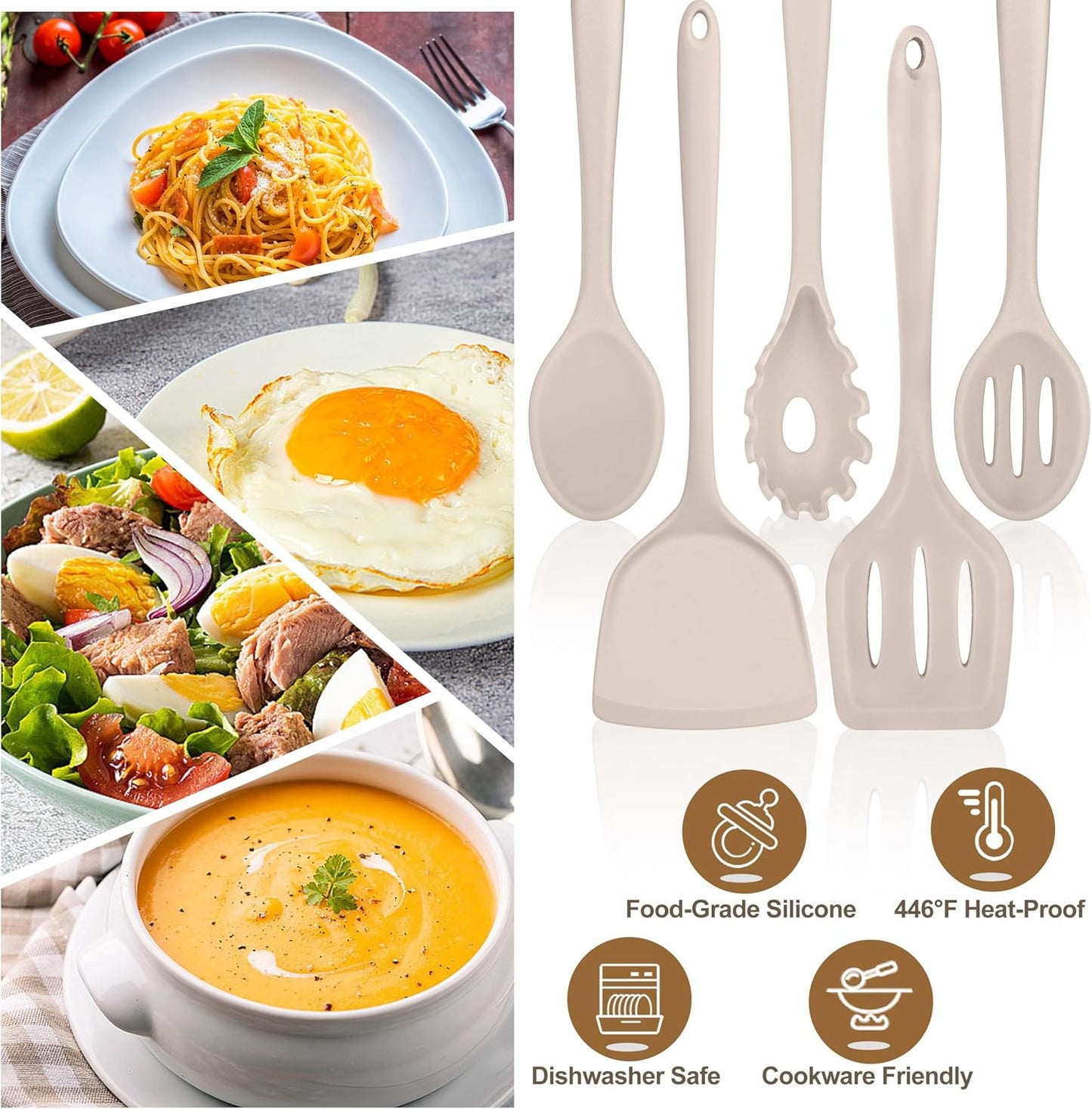 TeamFar Silicone Cooking Utensils Set, 5-Piece Heat Resistant Kitchen Utensils Set, Nonstick Slotted Solid Spoon Turner Pasta Server for Frying, Serving, Mixing, Non-Toxic & Dishwasher Safe, Black