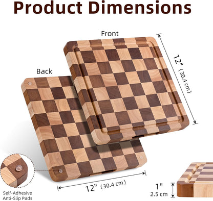 Cutting Board Set of 2 – Checkered Wood & Acrylic Cutting Board with Counter Lip for Kitchen Counter, Wood Checkerboard Chopping Board with Juice Grooves for Vegetables, Fruits, Meat