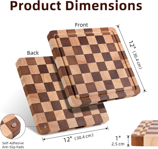 Cutting Board Set of 2 – Checkered Wood & Acrylic Cutting Board with Counter Lip for Kitchen Counter, Wood Checkerboard Chopping Board with Juice Grooves for Vegetables, Fruits, Meat