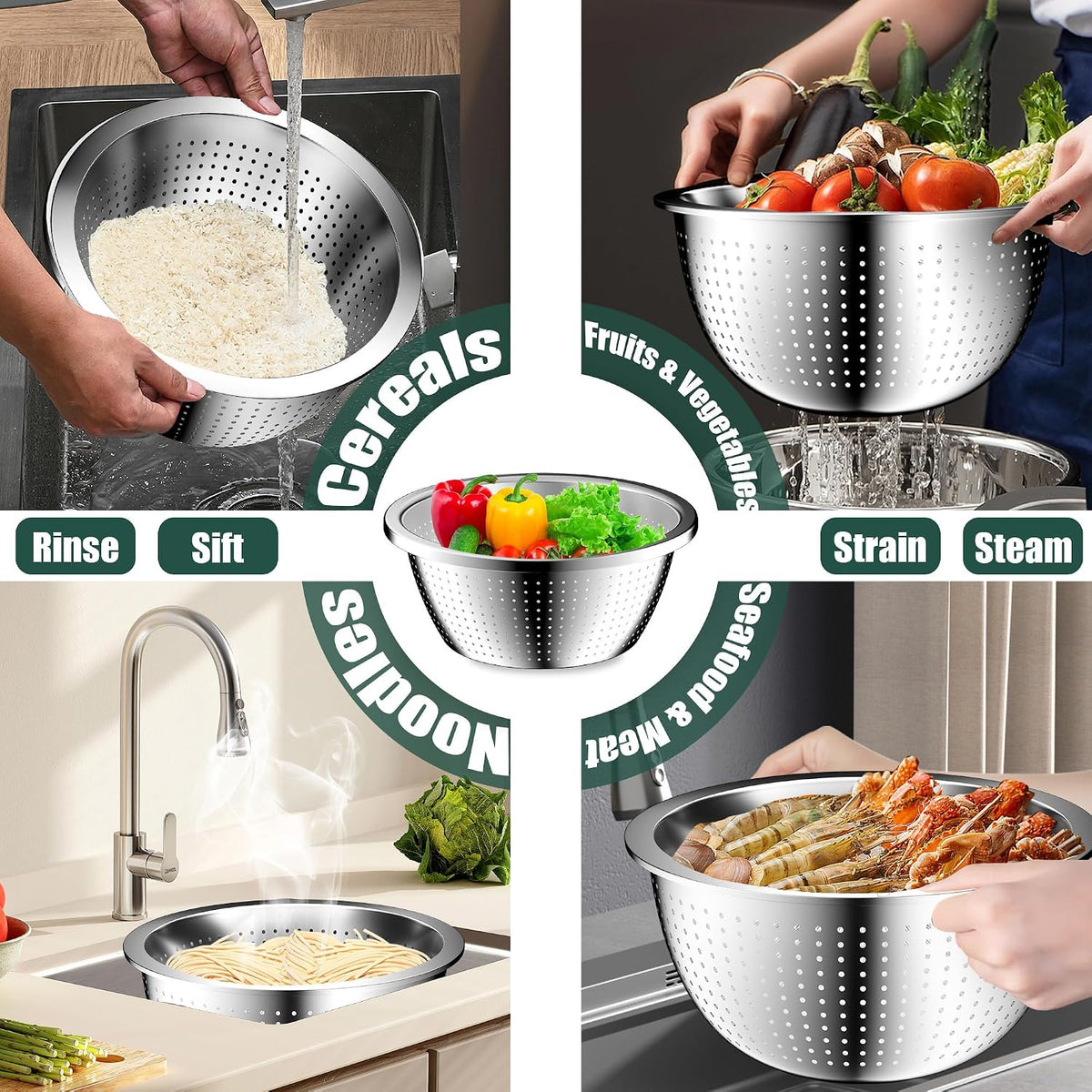 Mixing Bowls with Lids Set, 16PCS Stainless Steel Mixing Bowls,Nesting Storage Bowls for Kitchen with Mixing Bowls Set, Colander, Strainer & Grater , Metal Salad Bowl for Kitchen Gadgets , Cream
