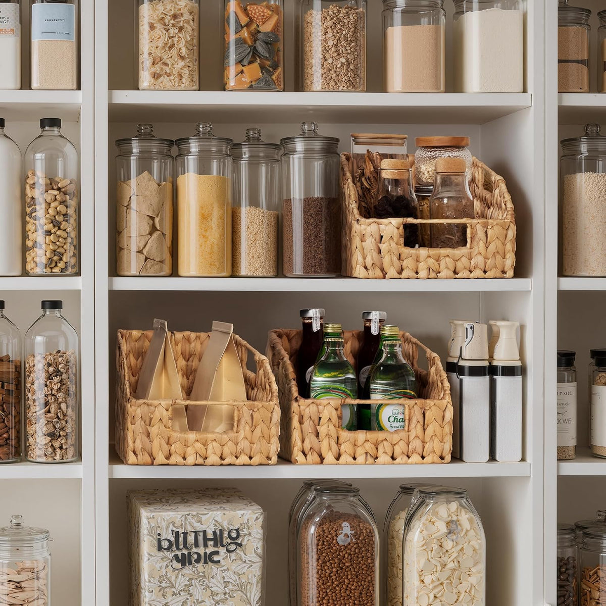 StorageWorks Water Hyacinth Pantry Storage Baskets, Wicker Baskets with Built-in Handles, Handwoven Shelf Baskets for Organizing, Pantry Organizers and Storage, 3 Pack