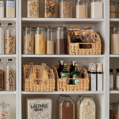 StorageWorks Water Hyacinth Pantry Storage Baskets, Wicker Baskets with Built-in Handles, Handwoven Shelf Baskets for Organizing, Pantry Organizers and Storage, 3 Pack