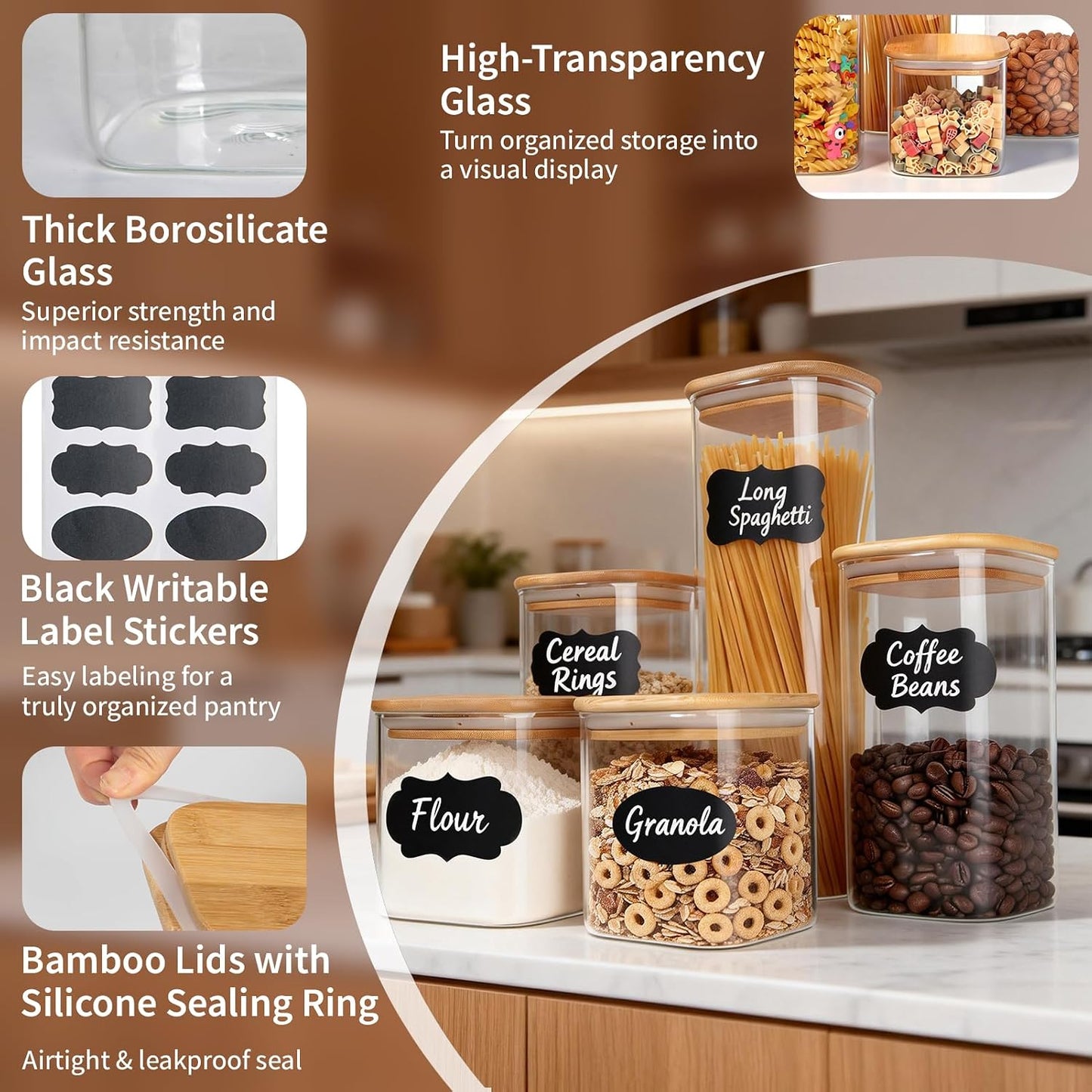 77L Glass Storage Containers with Lids [Multi-Size Set of 5], Airtight Glass Canisters for Kitchen & Pantry Organization, Clear Food Jars for Pasta, Cereal, Flour, Sugar, Coffee, Nuts & Snacks