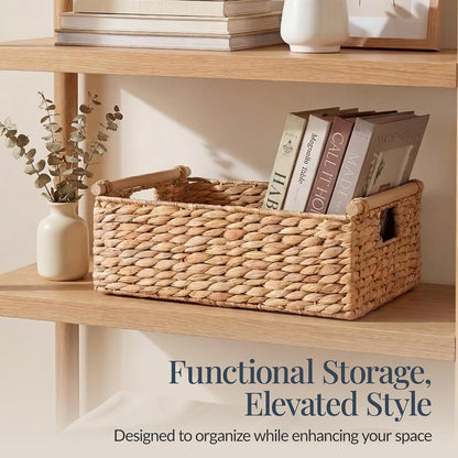 Best Choice Products Wicker Storage Basket, Shelf Organizer Basket w/Wooden Handles, Woven Rectangular Storage Bin, Natural Water Hyacinth for Pantry, Closet, Laundry Room, & Living Room - Chestnut