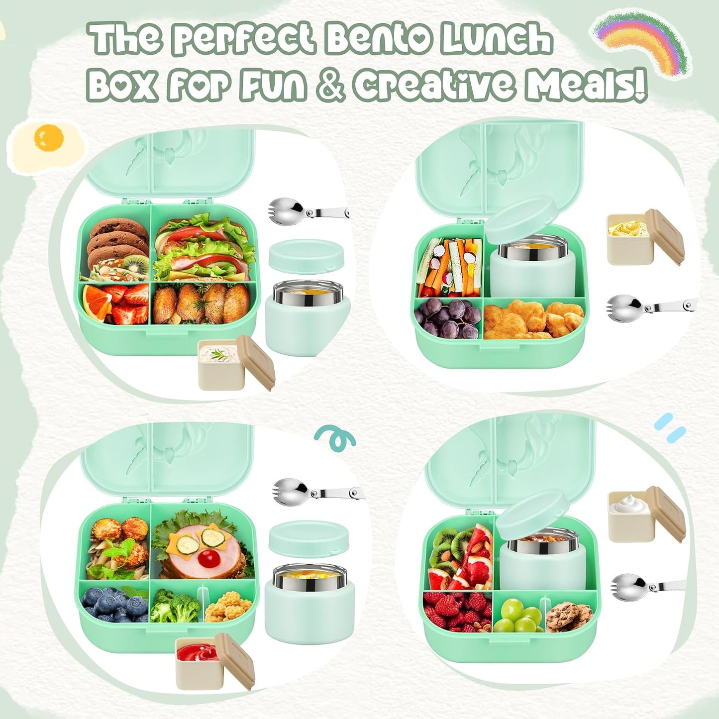 Aimsnk Magical Dinosaur Kids Lunch Box Set -12oz Insulated Food Jar, Leakproof Lunch Food Containers Cutlery, Leak-Proof Sauce Cup & Spoon, Gradient Green+Jar Green