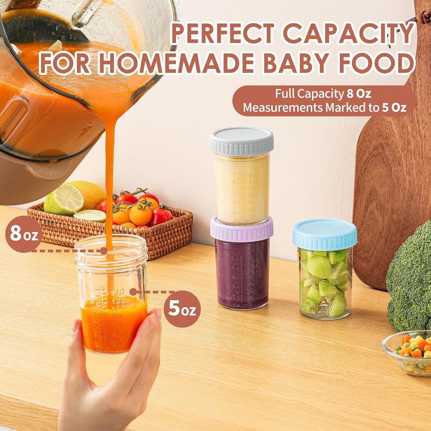 DRKIO 6 Pack Glass Baby Food Storage Containers - 4 Oz Baby Food Jars with Lids Baby Food Maker Microwave Dishwasher Freezer Safe 100% Leak Proof BPA Free Reusable