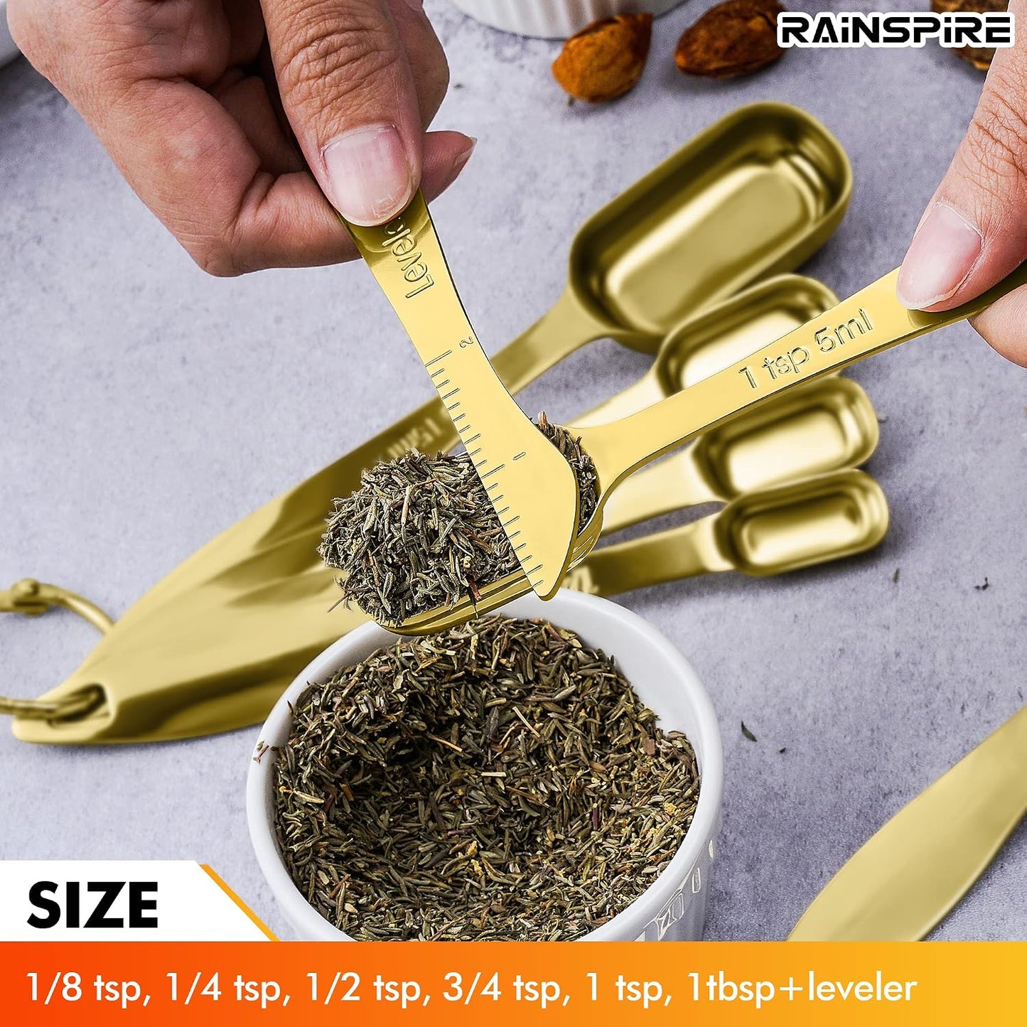 Rainspire Heavy Duty Measuring Spoons Set Stainless Steel, Metal Measuring Cups and Spoons Set for Dry or Liquid, Fits in Spice Jar, Home Gadgets Kitchen Gadgets, Set of 7 Including Leveler