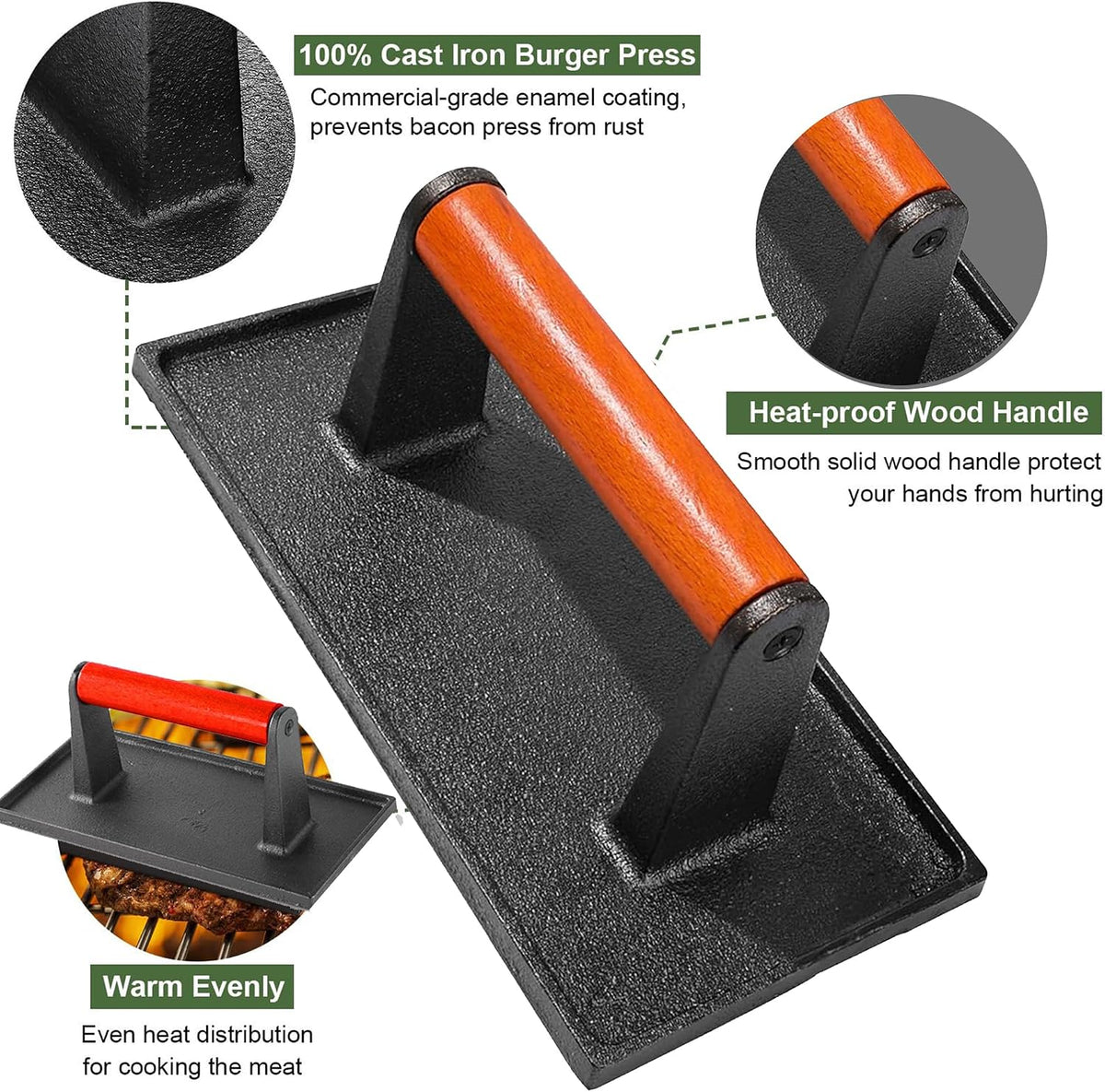 Cast Iron Burger Press, 7.2 inch Round, Wood Handle