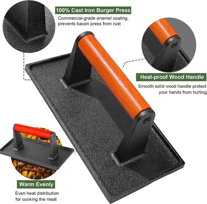 Cast Iron Burger Press, 7.2 inch Round, Wood Handle