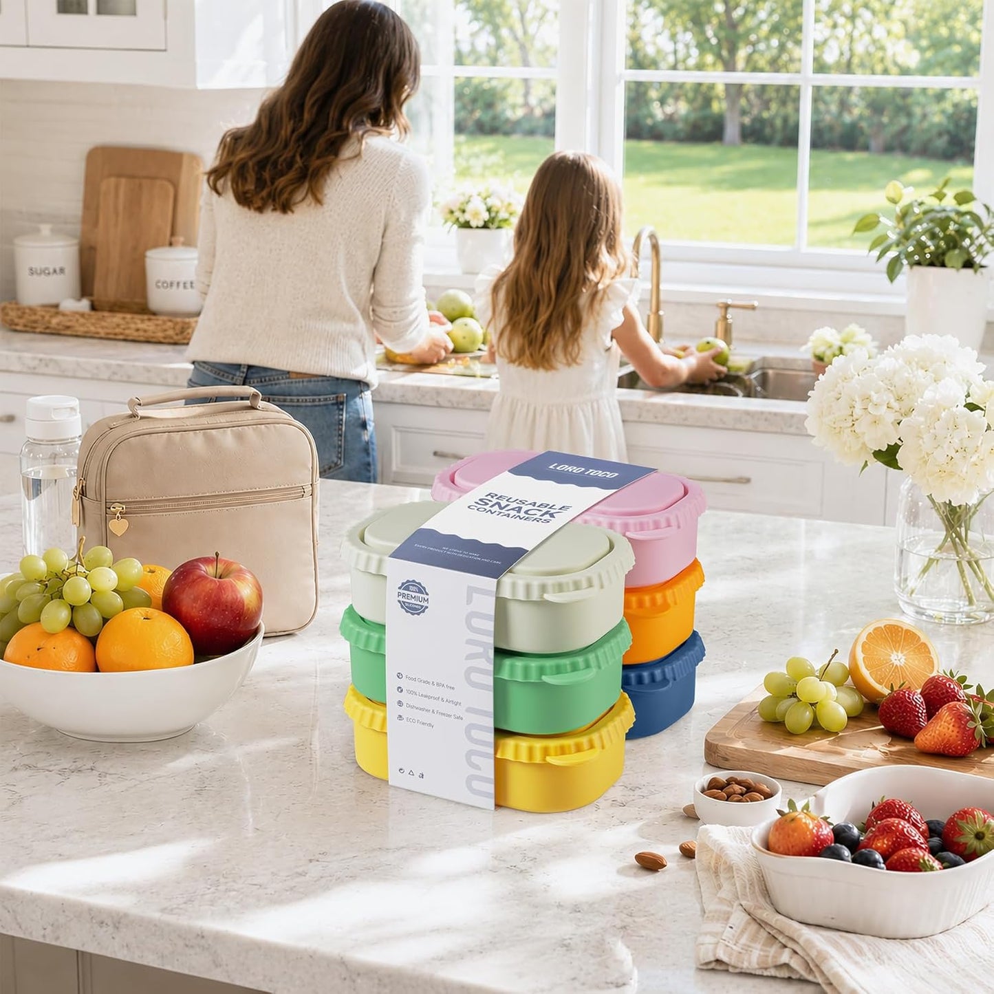 Silicone Reusable Snack Containers with Lids, 4 Pack 3 Compartment Bento Snack Boxes, Leakproof Food Storage Containers for Meal Prep, Lunch, Fruits, Kids & Adults, Dishwasher Safe