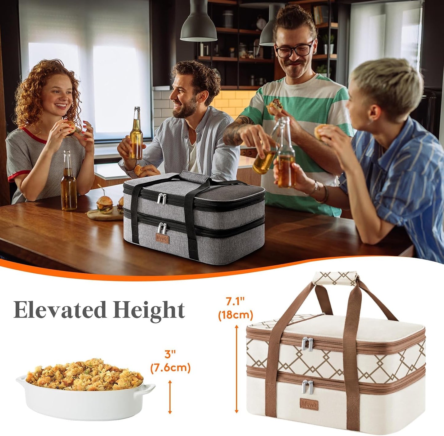Lifewit Insulated Double Decker Casserole Carrier, Expandable Lasagna Lugger Tote Bag for Hot or Cold Food, Fits 9" x 13" Baking Dish for Potluck Parties, Picnic and Cookouts, Grey-Geometric