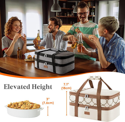 Lifewit Insulated Double Decker Casserole Carrier, Expandable Lasagna Lugger Tote Bag for Hot or Cold Food, Fits 9" x 13" Baking Dish for Potluck Parties, Picnic and Cookouts, Grey-Geometric