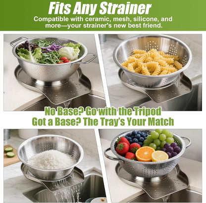Palksky Stainless Steel Colander Set with Self-Draining Base, 3 Sizes Colanders & Food Strainers for Pasta, Rice, Fruits & Veggies, Metal Colander with Draining Plate for Sink or Countertop