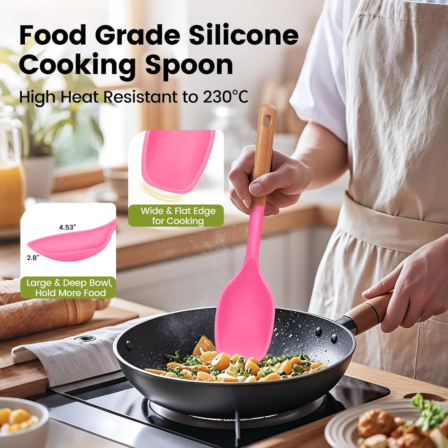 Large Silicone Cooking Spoons Set, 2 Pcs Heat Resistant Serving Spoon, Multifunction Nonstick Spatula Spoon, Kitchen Cucharras de Silicona for Mixing, Stiring, Basting, Scooping, Scraping