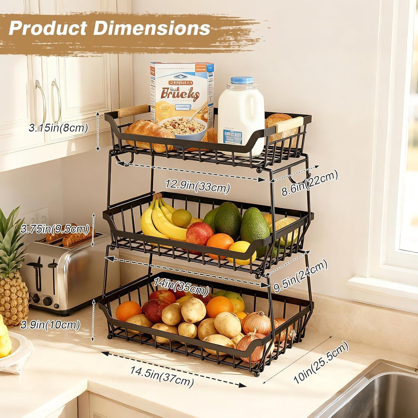 3 Tier Fruit Basket with 2 Banana Hangers for Kitchen Counter | 3-Tier Detachable Design,Metal Wire Construction, Wooden Handle, Large Capacity, Multi-Purpose Organizer,Mesh Basket