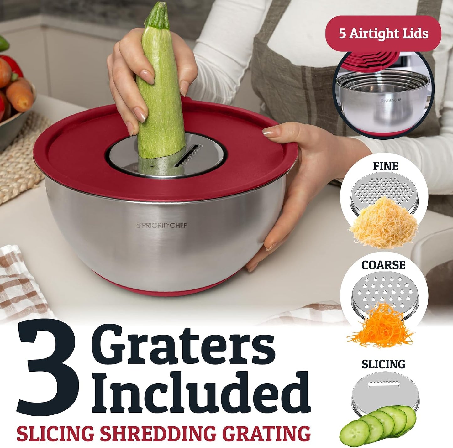 Priority Chef Stainless Steel Mixing Bowls with Lids Set, Metal Nesting Bowls with Airtight Lids, Graters, Non-Slip Base & Measurement Marks, Includes Utensil Set for Prep, Baking & Storage, Black