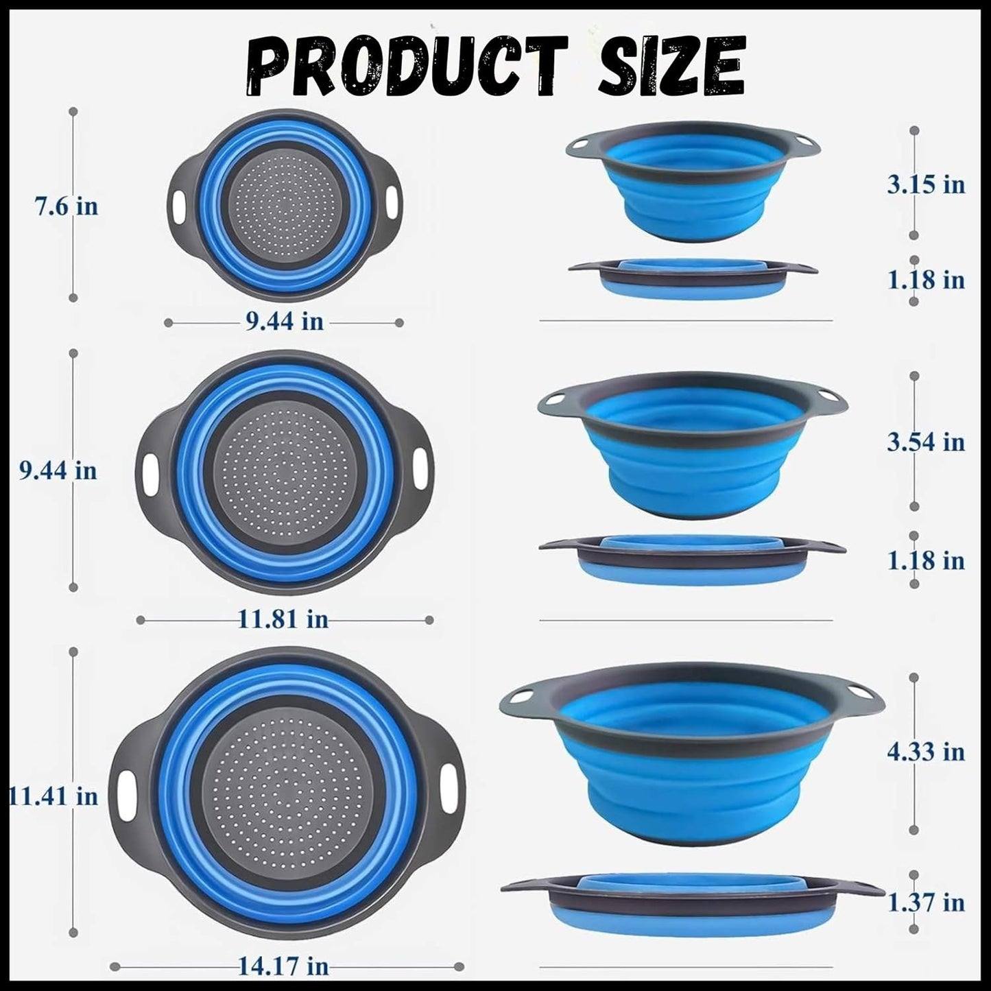 Collapsible Colander Set of 2, Foldable Silicone Pasta Strainer with Handles, 2 Pack Space Saving Kitchen Colander for Fruits,Space Saving Pasta Strainer Basket for Fruits & Vegetables