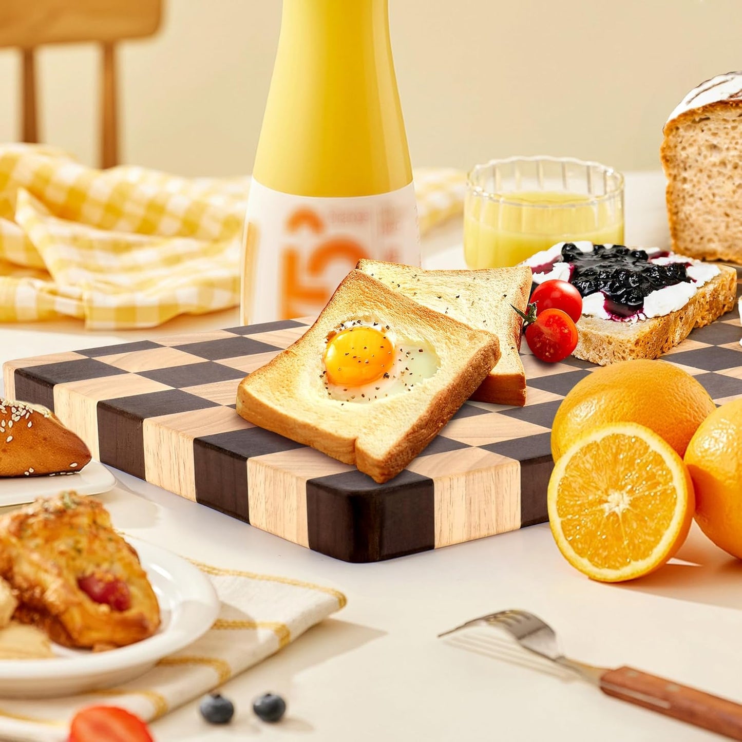 Cutting Board Set of 2 – Checkered Wood & Acrylic Cutting Board with Counter Lip for Kitchen Counter, Wood Checkerboard Chopping Board with Juice Grooves for Vegetables, Fruits, Meat