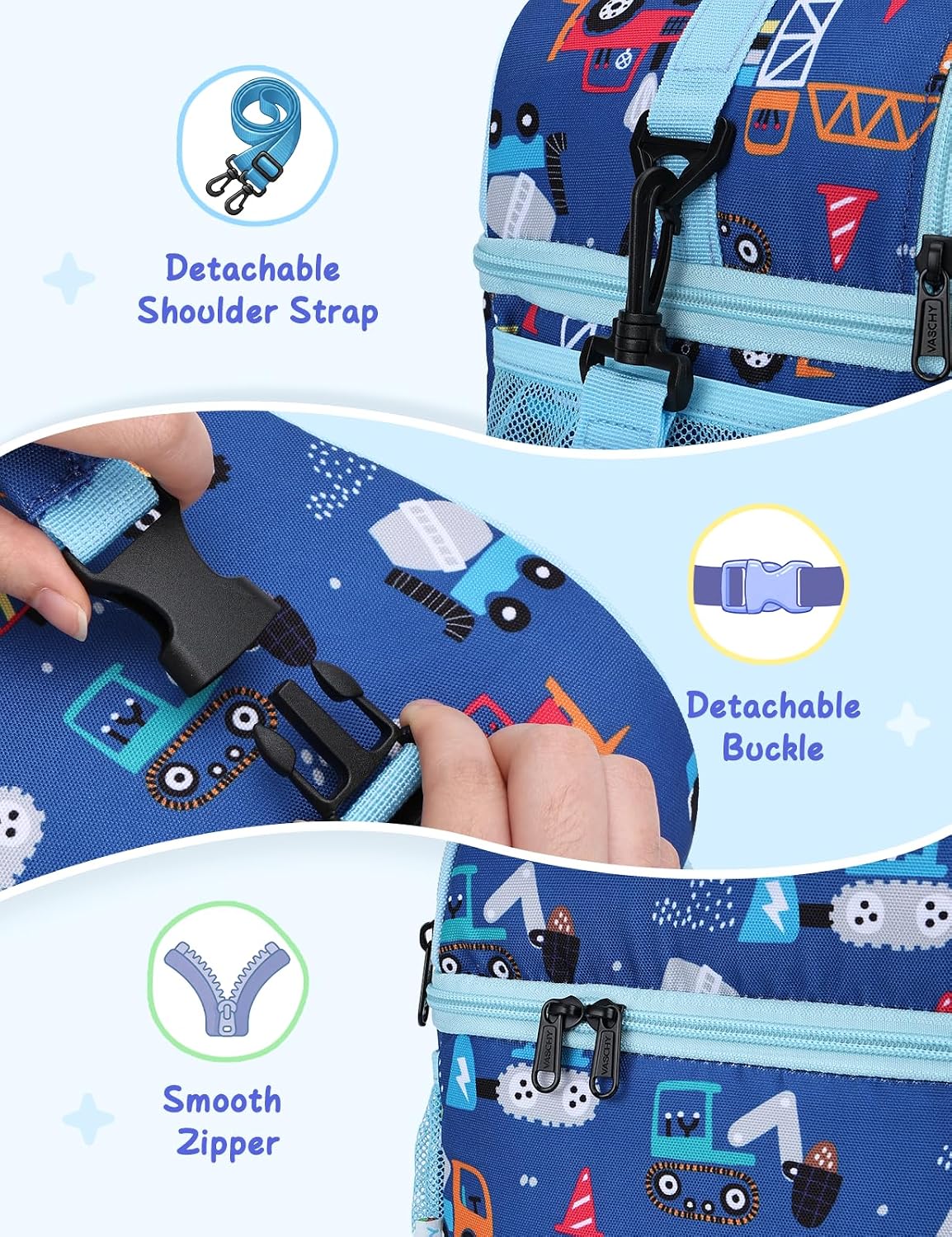 VASCHY Lunch Box Bag for Kids, Insulated Double Compartments Cooler Lunch Tote for Toddlers Boys Girls School/Daycare/Picnic Black Dinos