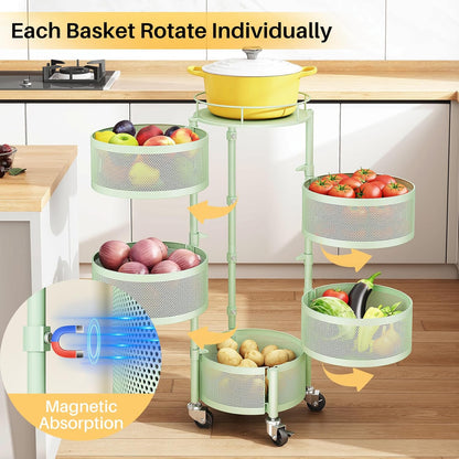 SNTD Fruit and Vegetable Basket Bowls for Kitchen with Metal Top Lid, 5 Tier Rotating Storage Rack Cart for Potato Onion Bread Banana, Wire Basket Organizer on Wheels, Large, Black