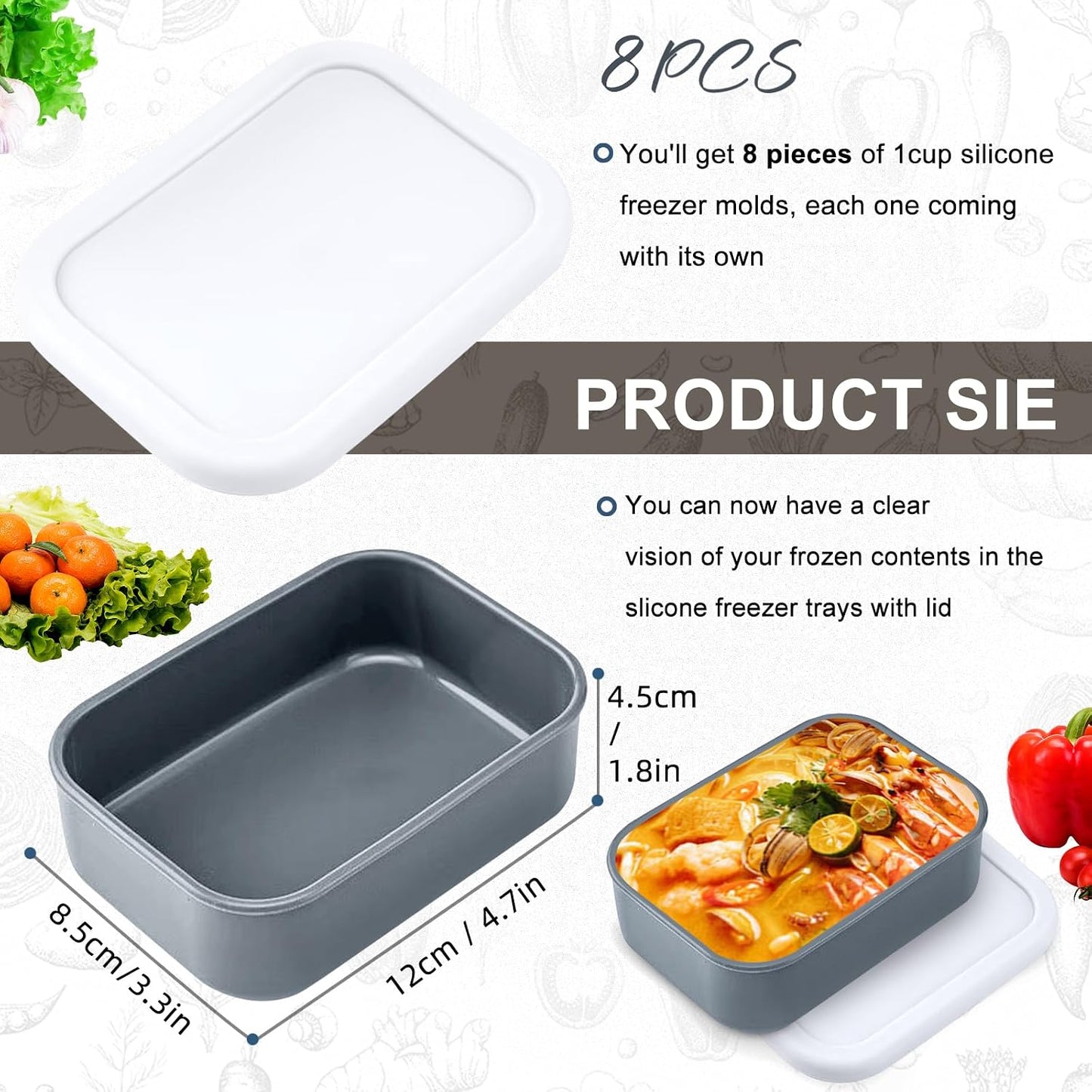 8 PCS 1 Cup Silicone Freezer Molds with Lids, Reusable Leak-Proof Soup Containers, Ice Trays Food Storage Trays for Meal Prep, Soups, Sauces, Stews, Dishwasher Safe(Grey, 250, Milliliters)