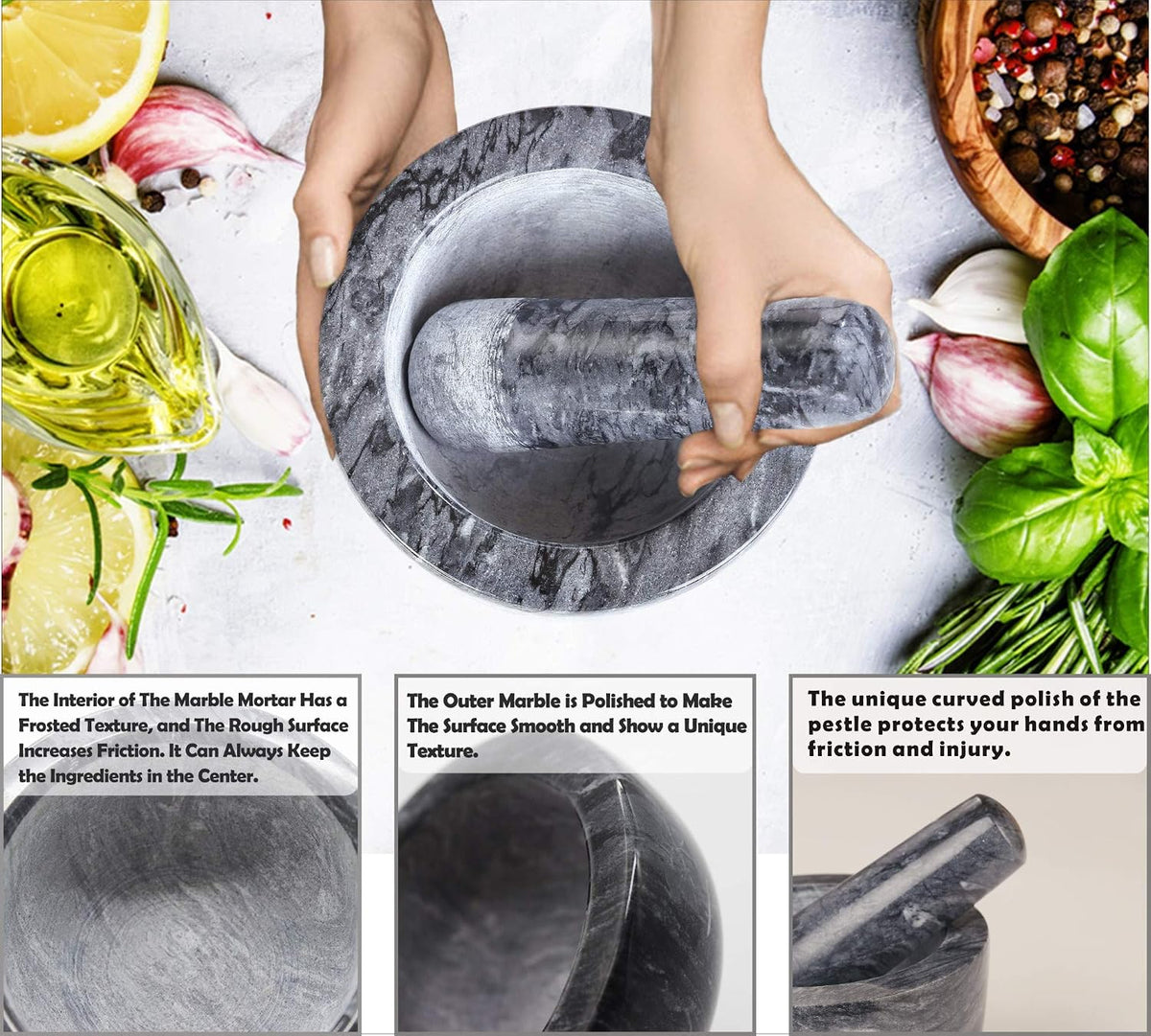 Mortar and Pestle Set, Guacamole Bowl Polished Natural Marble Stone, Grinder and Crusher, with Silicone Mat & Spoon-300ML(Light White Gray)