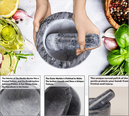 Mortar and Pestle Set, Guacamole Bowl Polished Natural Marble Stone, Grinder and Crusher, with Silicone Mat & Spoon-300ML(Light White Gray)