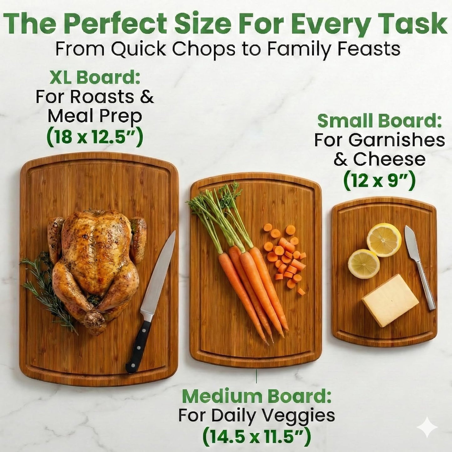 Greener Chef Luxury Wood Cutting Board 3-Piece Set with Vertical Grain Strength Technology - Extra Large Bamboo Cutting Boards for Kitchen with Deep Juice Grooves for Chopping - Lifetime Replacements