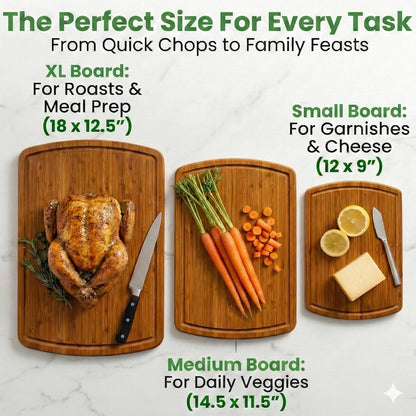 Greener Chef Luxury Wood Cutting Board 3-Piece Set with Vertical Grain Strength Technology - Extra Large Bamboo Cutting Boards for Kitchen with Deep Juice Grooves for Chopping - Lifetime Replacements