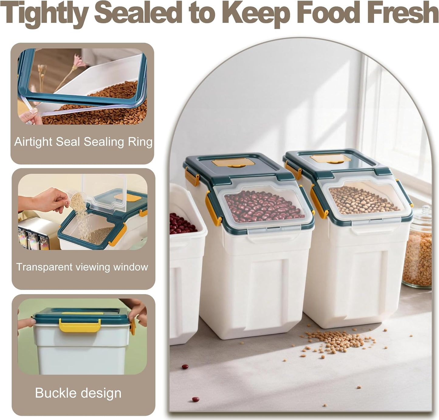 RUIAN 2Pcs Large Flour Storage Container Bin 50Lb Airtight Rice Storage Containers with Wheels Seal Locking Lid, BPA Free with Measuring Cup&Scoop for Flour, Rice, Grain 100LBS Total (Blue)
