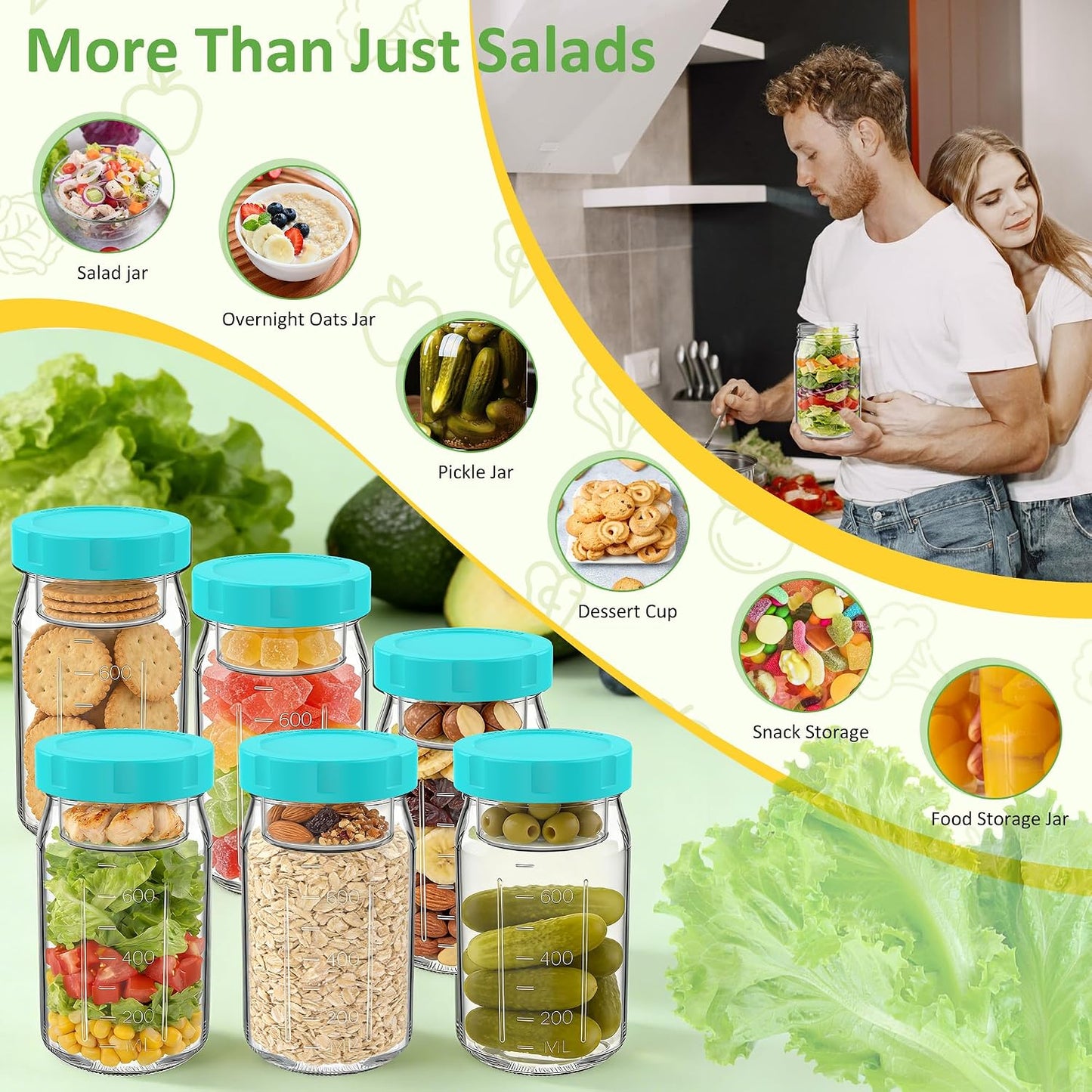 4Pack Glass Salad Jars with Lids, 32oz Salads Mason Jars with Wet/Dry Separation Cup, Meal Prep Salad Containers for Lunch, Leakproof Wide Mouth Food Storage Containers, BPA-Free Reusable (Orange)