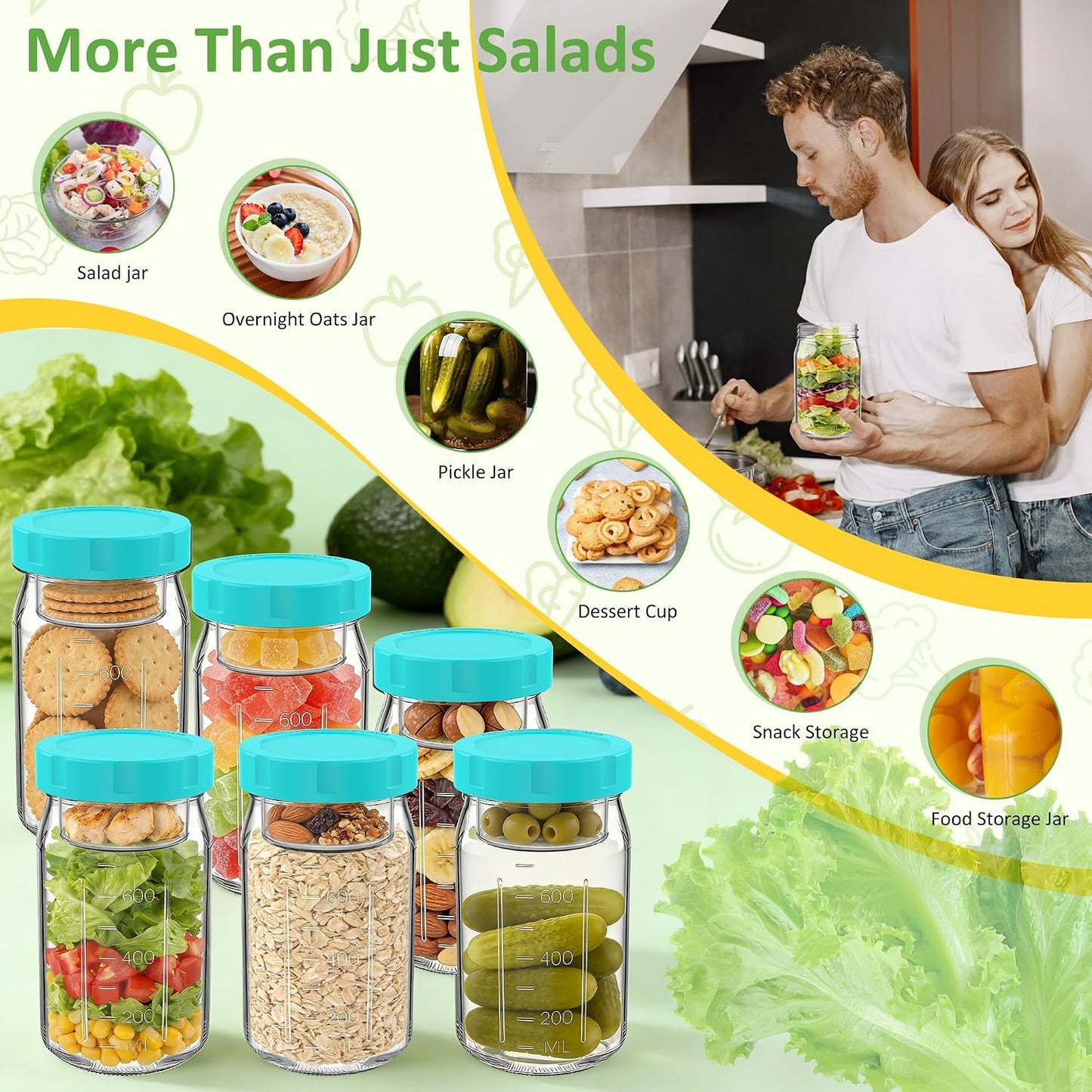 4Pack Glass Salad Jars with Lids, 32oz Salads Mason Jars with Wet/Dry Separation Cup, Meal Prep Salad Containers for Lunch, Leakproof Wide Mouth Food Storage Containers, BPA-Free Reusable (Black)