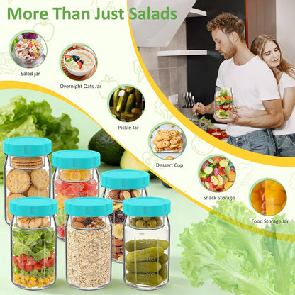 4Pack Glass Salad Jars with Lids, 32oz Salads Mason Jars with Wet/Dry Separation Cup, Meal Prep Salad Containers for Lunch, Leakproof Wide Mouth Food Storage Containers, BPA-Free Reusable (Black)