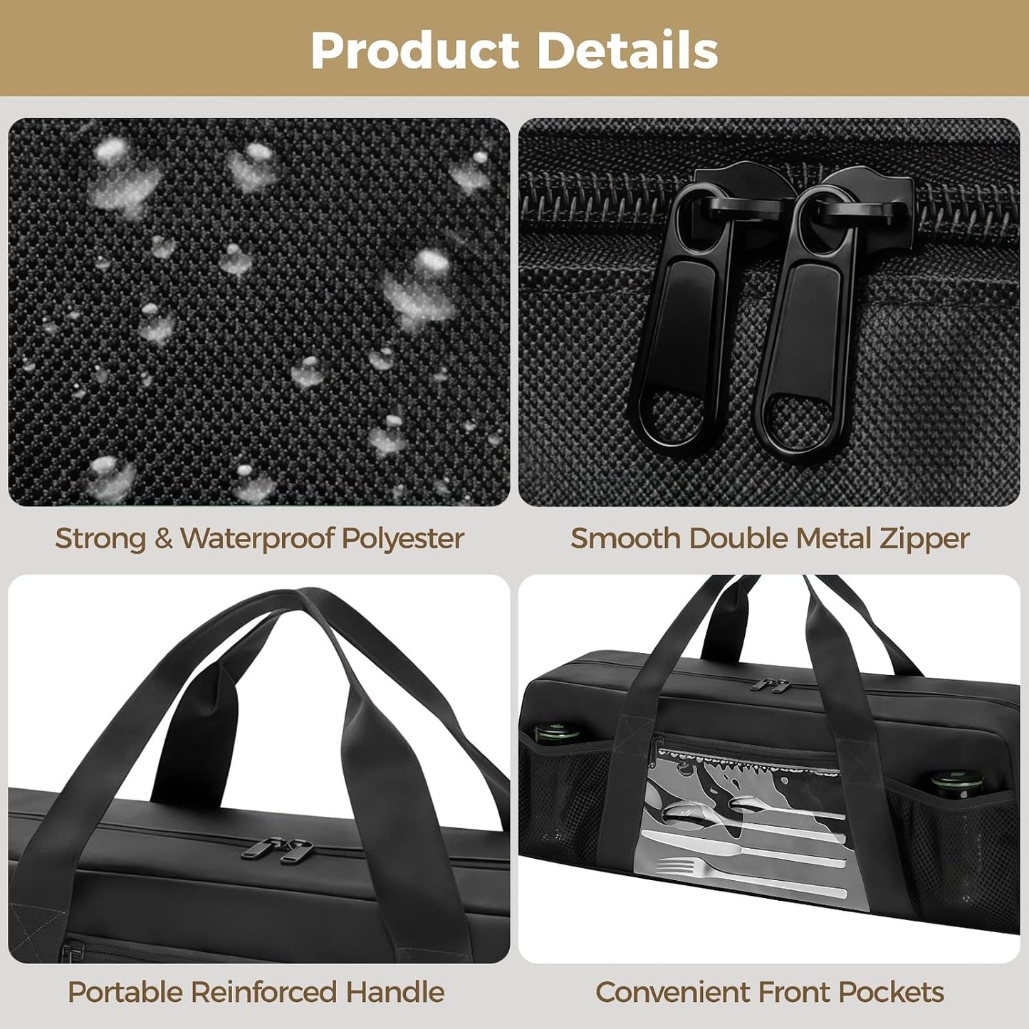 Grill Tool Storage Bag, Outdoor BBQ Utensil Holder for Barbecue Tool up to 20", Large Grill Utensil Storage Caddy with Pockets, BBQ Accessories Case Container for Camping, Bag Only, Black