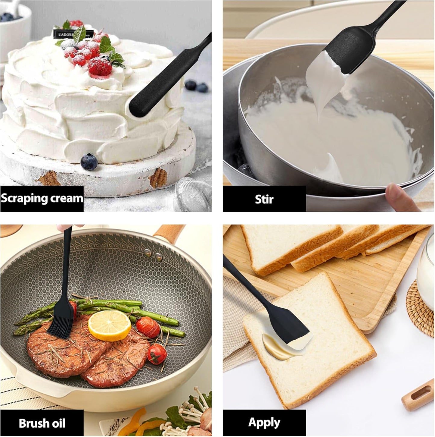 6 Pieces Silicone Spatula Set, Rubber Spatulas Silicone Heat Resistant Spatula Set for Kitchen Use, Food Grade Rubber Spatula with Ergonomic Grip, Cooking, BPA Free Dishwasher Safe(black)