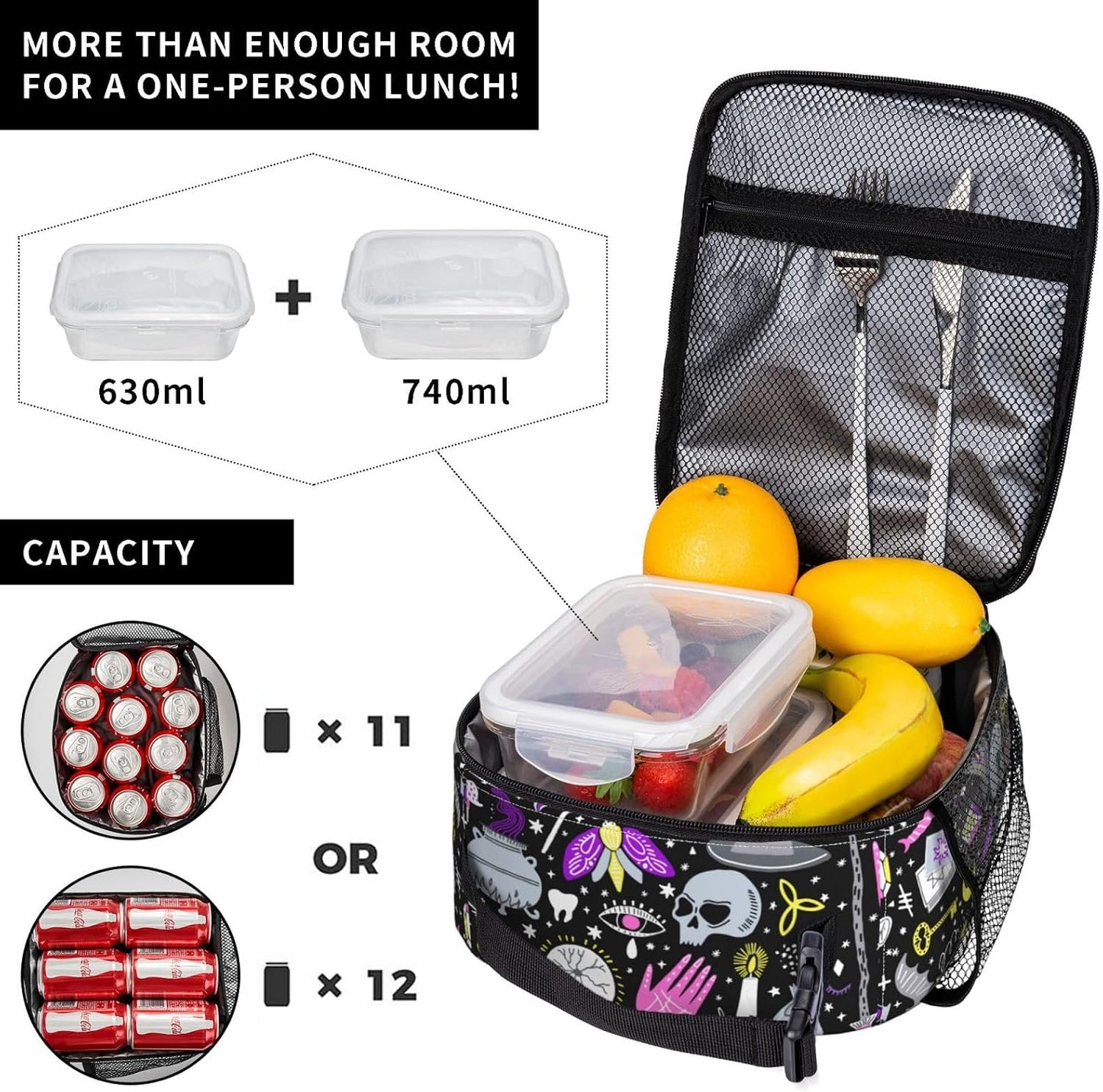 Black Cat Reusable Lunch Box Food Bag Insulated Lunch Bag for Teenage Boys Girls School Beach