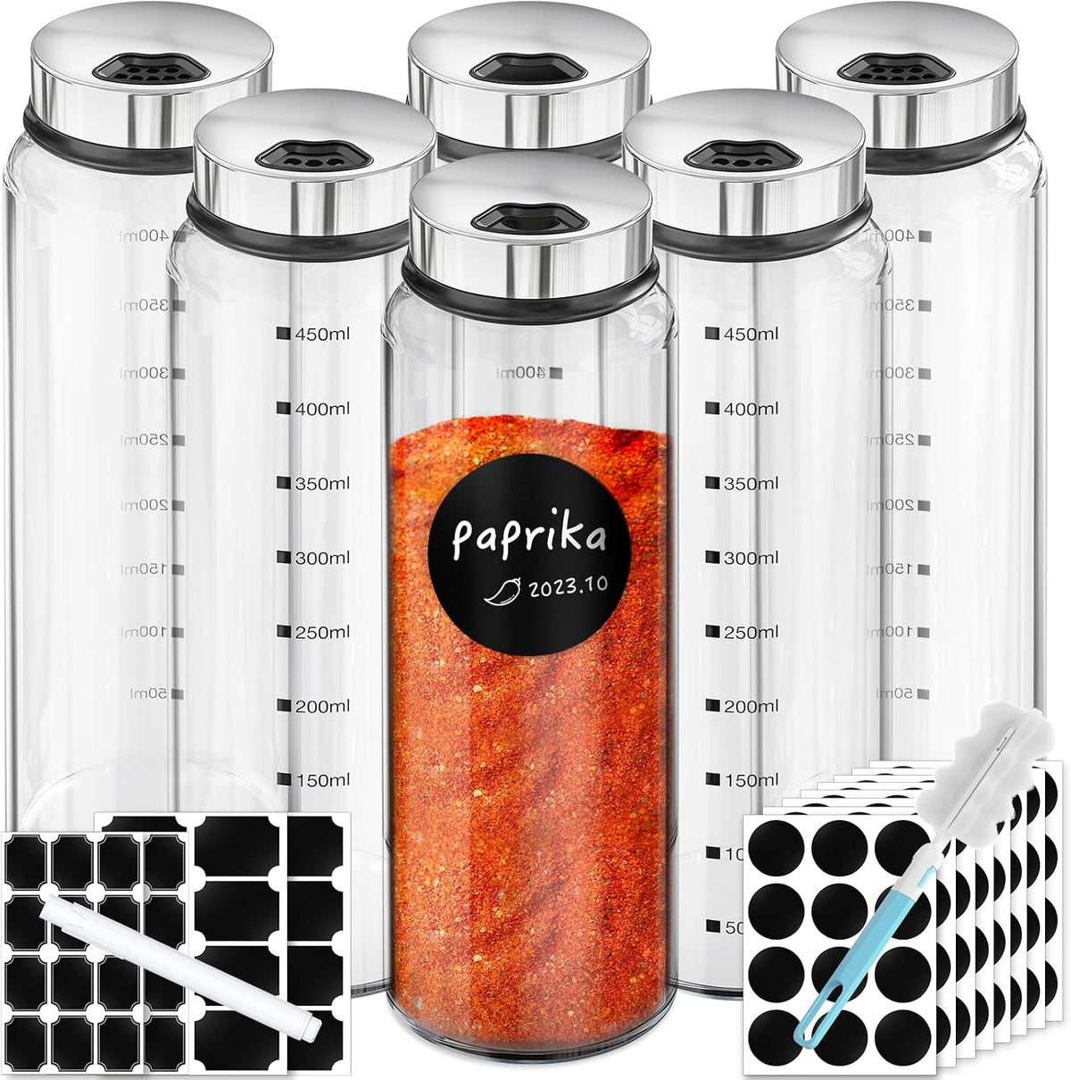Segarty Spice Jars, 3 oz Spice Bottles with Shaker Lids, Glass Empty Seasoning Containers with Adjustable Pour Holes for Kitchen Spice Storage Stainless Steel Flow Top Salt and Pepper Shakers