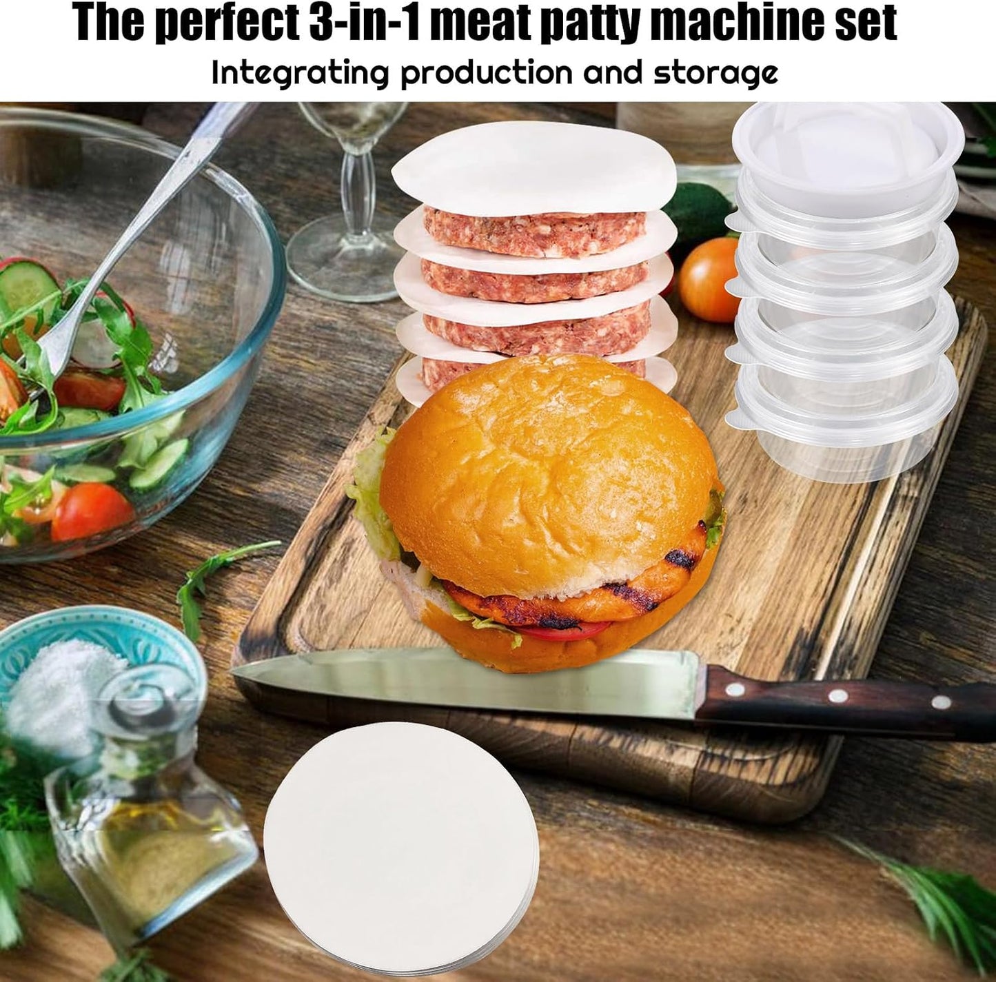 Hamburger Press Patty Maker, Burger Press Patty Makers with 20 Storage Containers and 20 Patty Papers, Hamburger Patty Maker Mold for BBQ Round Burger Shaper for Meat BBQ Grill Accessories